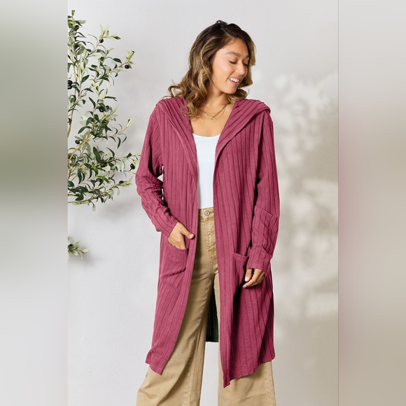 Basic Bae Designer Fushia Full Size Hooded Sweater Cardigan - Picture 2 of 8